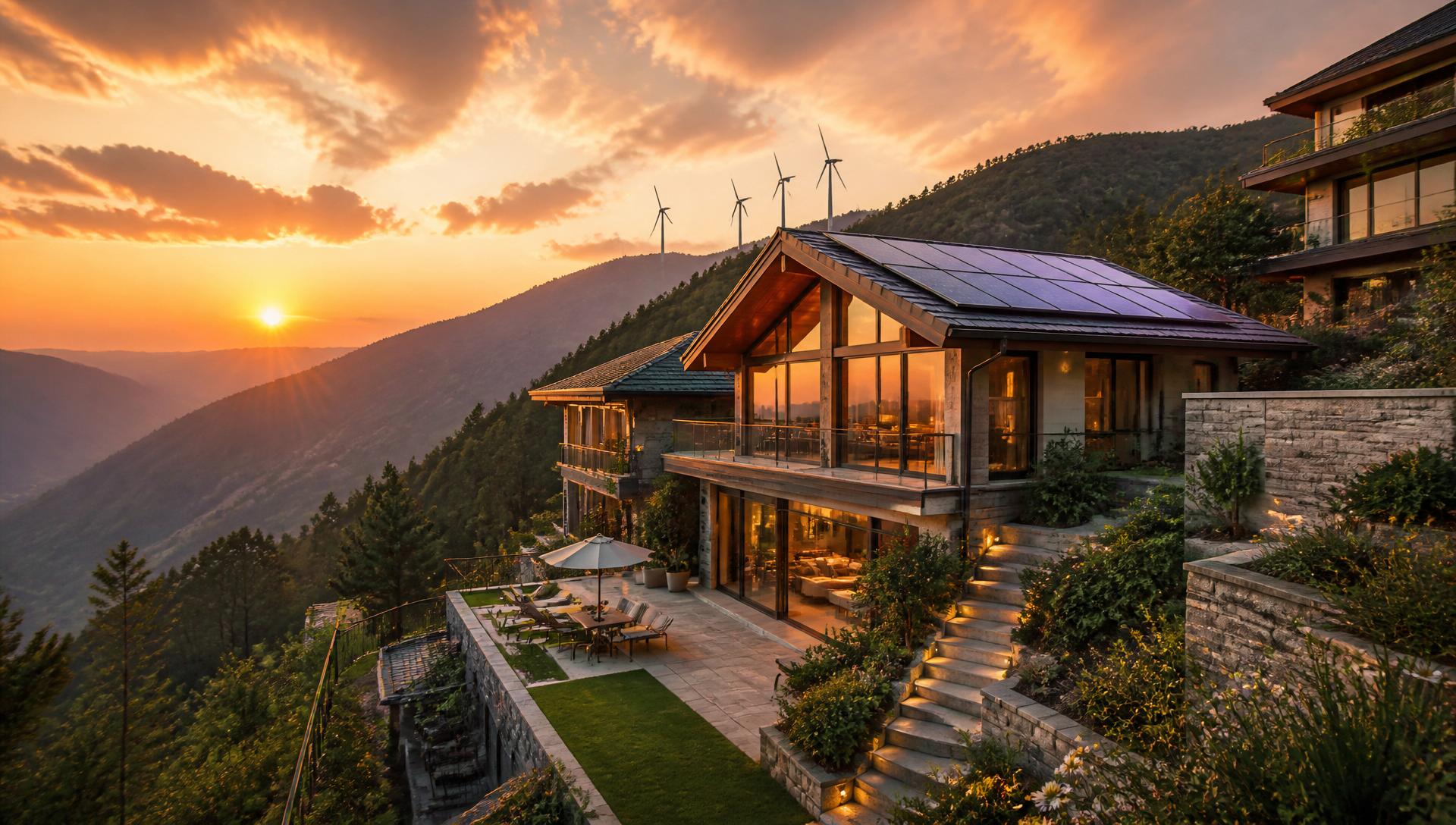 Luxury home with solar roof at golden sunset